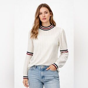 Ba&sh Lightweight Striped Textured Long Sleeve Blouse Lady Top JEREM Ecru Size 6